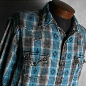 Ryan Michael Western Snap Buttoned XL Jacquard Blue Plaid Flannel Shirt Men's
